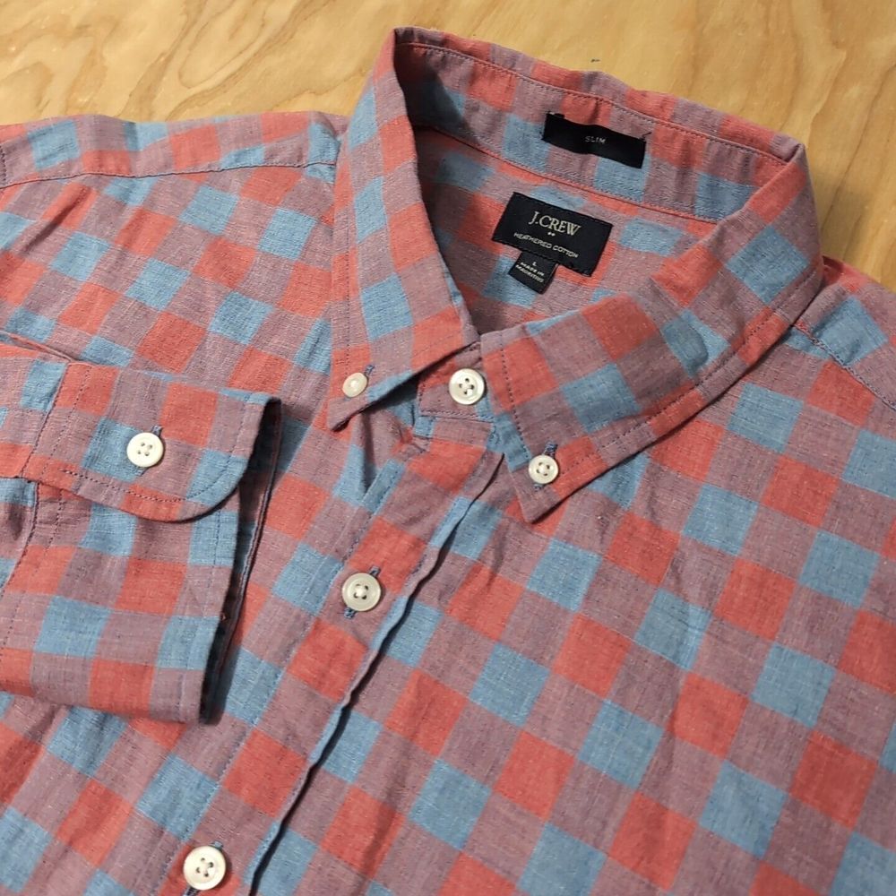 J Crew Shirt Mens L Red Blue Check Slim Button Down Long Sleeve Heatherd Cotton‎
